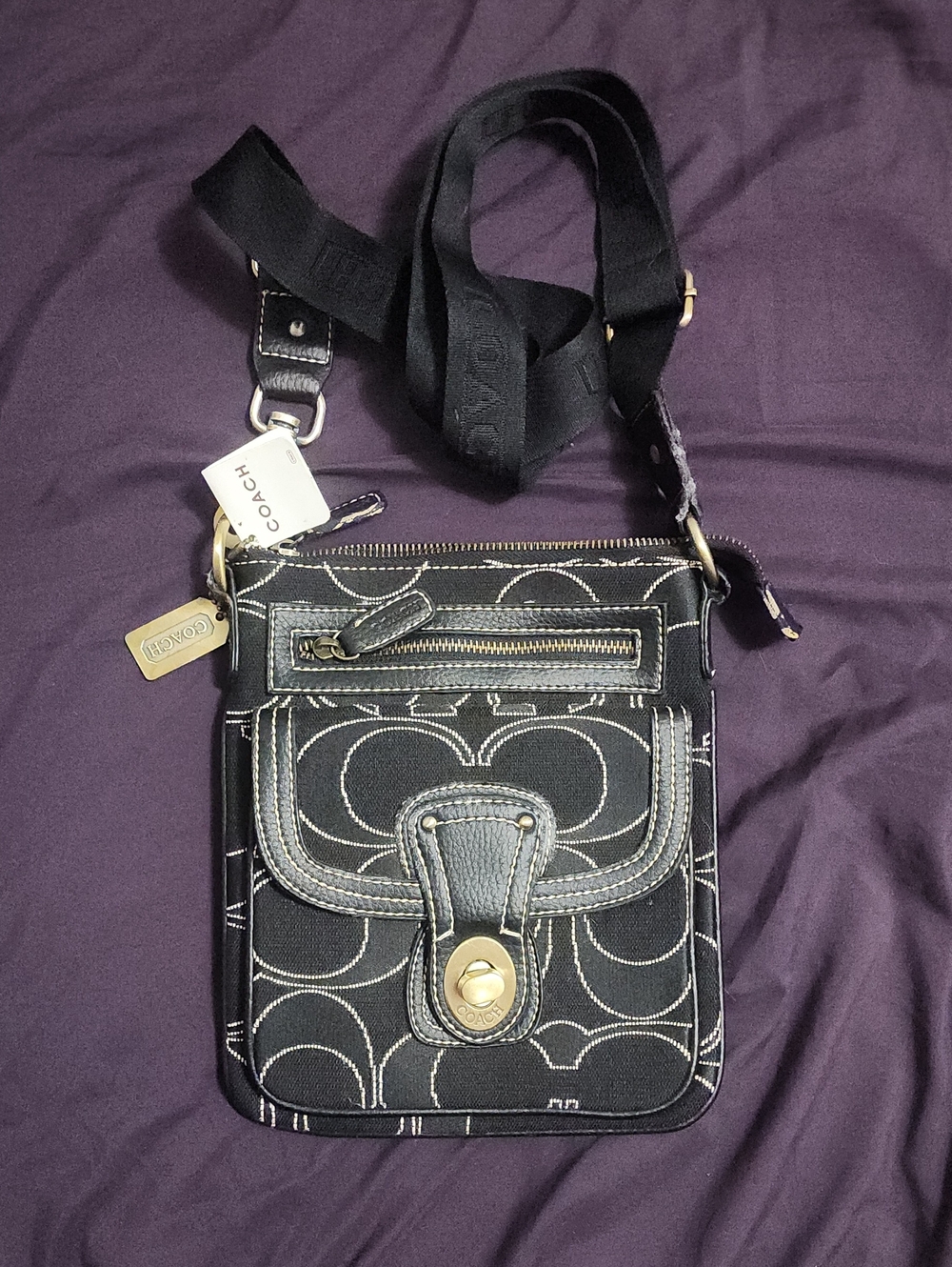 Coach Black Signature Crossbody with White Stitching